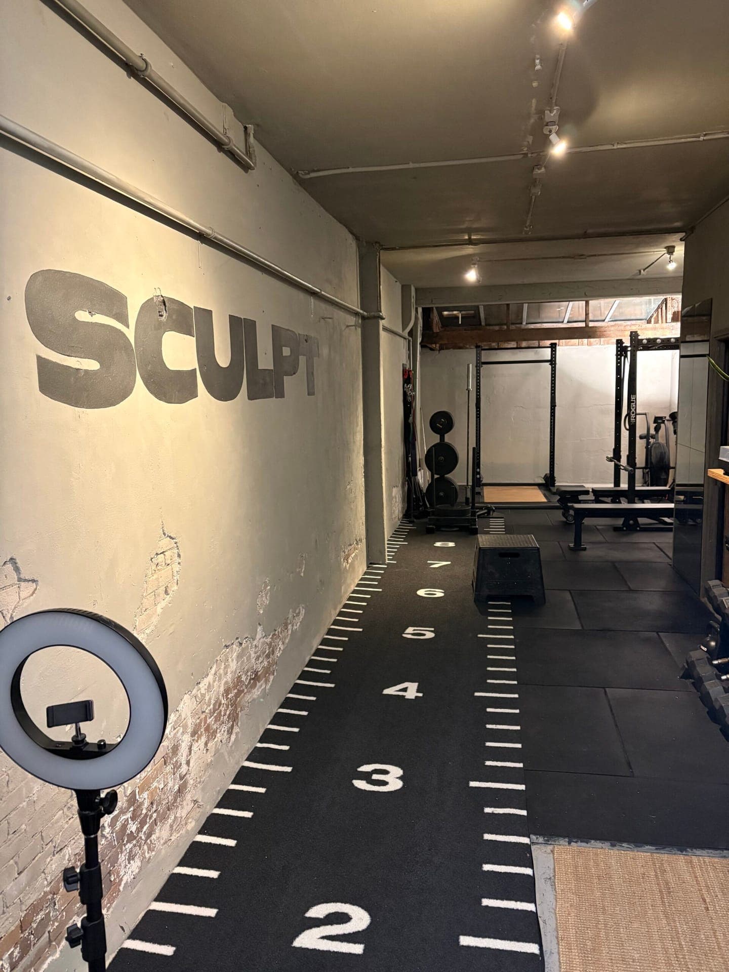 Privé studio interieur bij SculptClub Jordaan — apparatuur voor personal training, dumbbells, krachtstation en kabelmachine