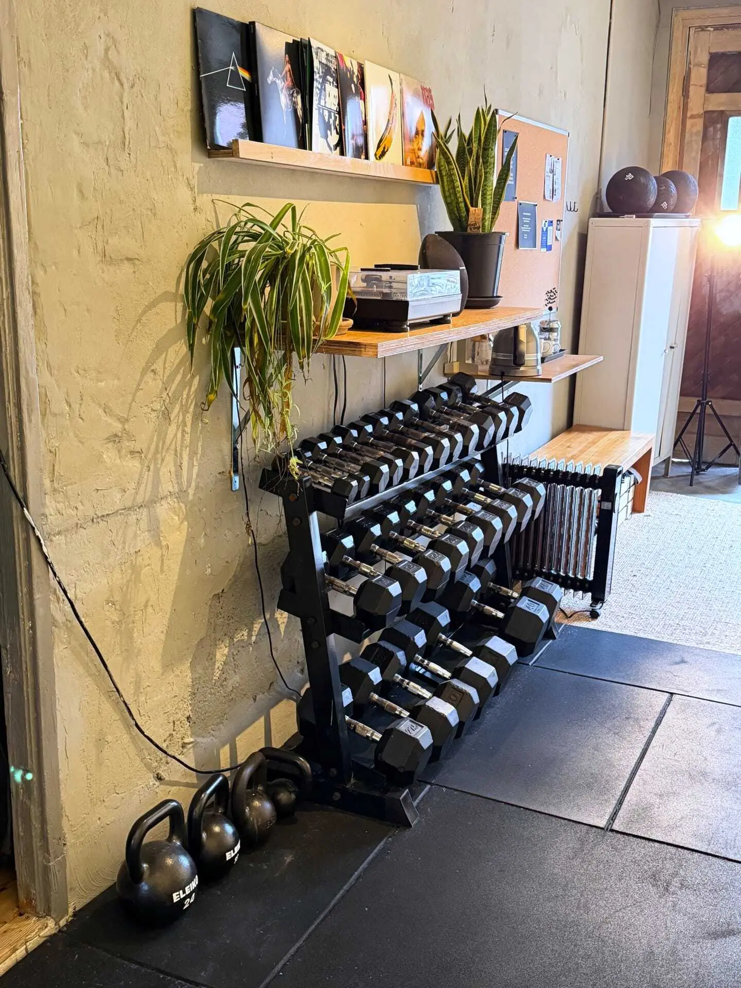 Dumbbell rack with plants and vinyl player at SculptClub
